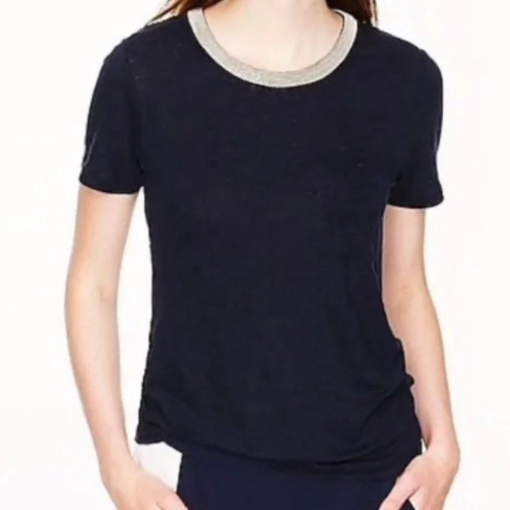 J. Crew Embellished Neckline 100% Linen T-Shirt.